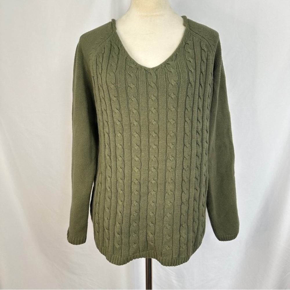 Route 66 Original Cable Knit Fisherman Sweater Womens Large Army Green Vneck